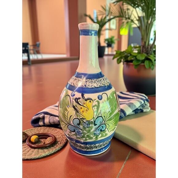 Mexican Talavera Pottery Vase-Hand Painted Bird-Blue Green-13''-Puebla-Ceramic - Picture 1 of 8